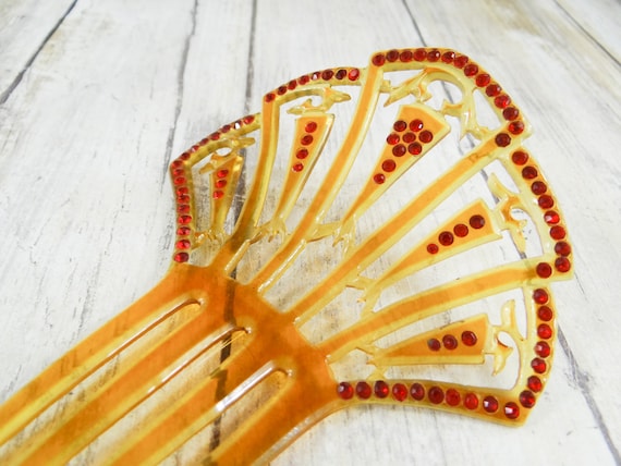 Art Deco Hair Comb, Celluloid and Ruby Paste Rhin… - image 4