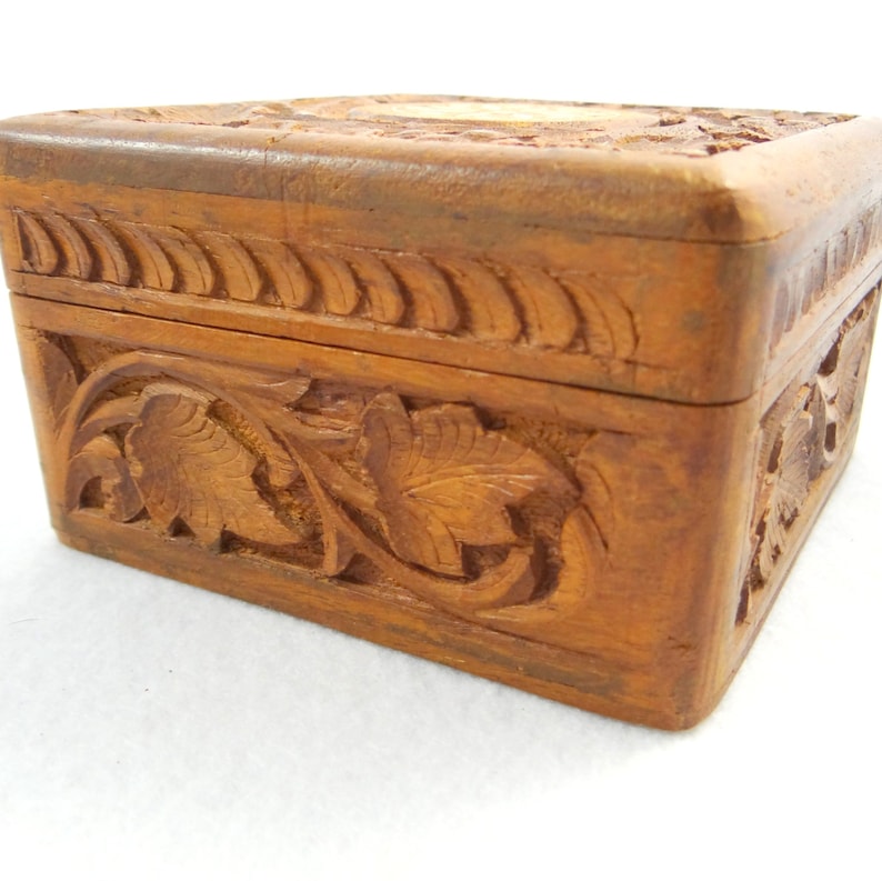 Vintage Hand Carved Wood Box With Bone Inlay Etsy