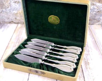 Antique Sterling Silver Fruit Knives, Set of Six, Nussbaum and Hunold, Stainless Steel Blades, Original Box