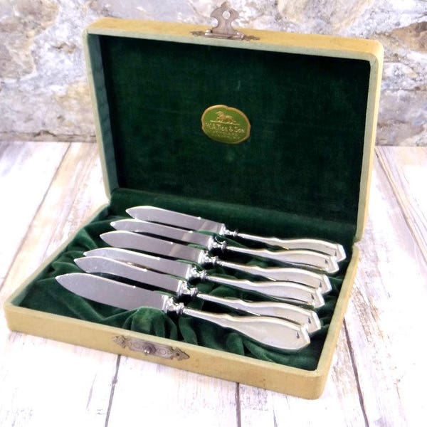 Antique Sterling Silver Fruit Knives, Set of Six, Nussbaum and Hunold, Stainless Steel Blades, Original Box