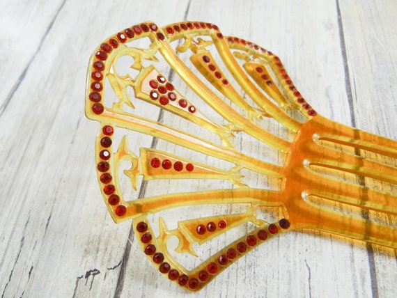 Art Deco Hair Comb, Celluloid and Ruby Paste Rhin… - image 3
