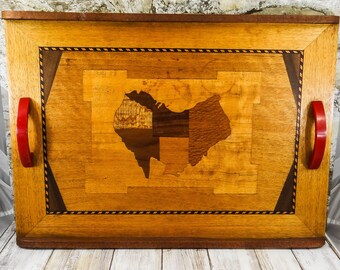 Vintage Marquetry Tray of Australia with Red Bakelite Handles