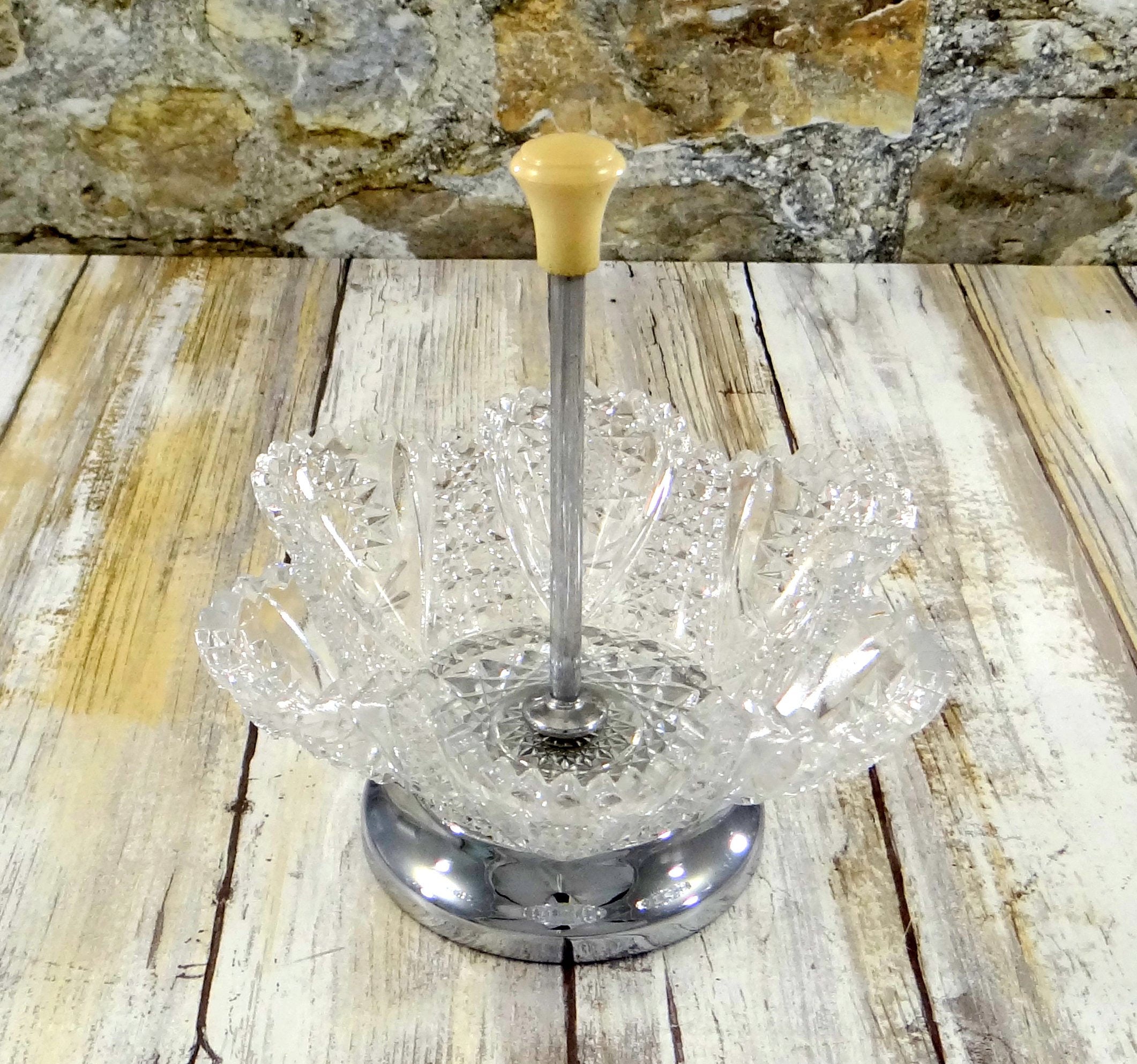 Vintage Candy Dish with Handle Chrome and Cut Glass Farber Etsy