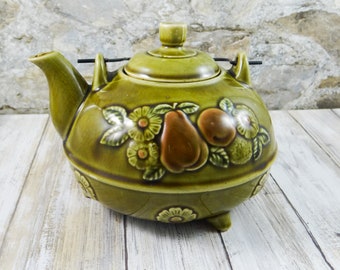 Vintage Ceramic Teapot, Avocado Green Embossed with Fruit Design, 1960s