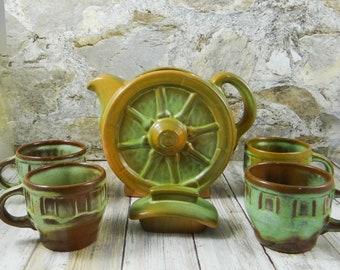 Frankoma Prairie Green Wagon Wheel Tea Set