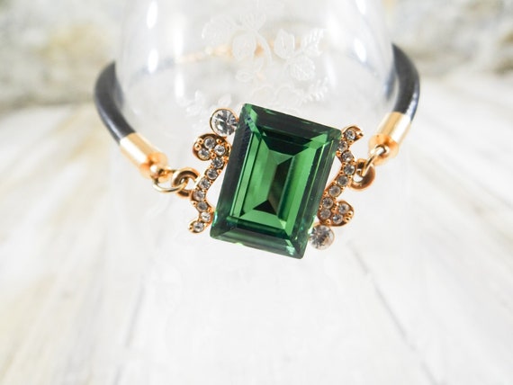 Vintage Emerald Glass and Rhinestone Bracelet - image 1