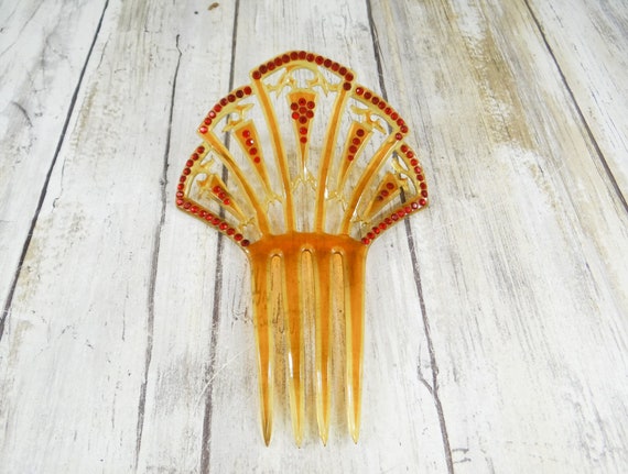 Art Deco Hair Comb, Celluloid and Ruby Paste Rhin… - image 1