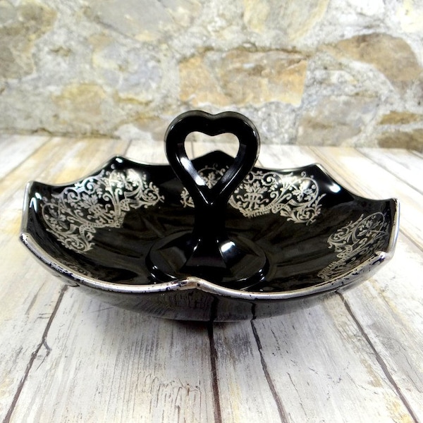 Mid Century Ebony Glass and Sterling Silver Candy Dish