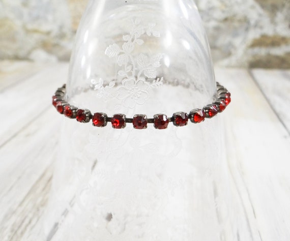 Art Deco Sterling Silver Bracelet With Red Rhines… - image 1