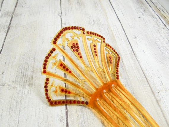 Art Deco Hair Comb, Celluloid and Ruby Paste Rhin… - image 5