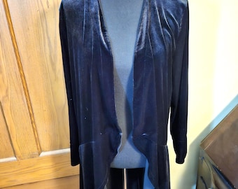 Vintage Women's Black Velvet Open Gothic Duster With Gray Chiffon Hem, Size Large, Fitted