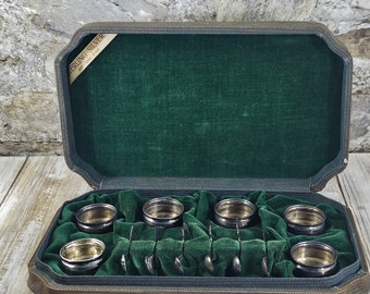 Vintage Set Of Six Sterling Salt Cellars And Spoons In Original Case, By Webster