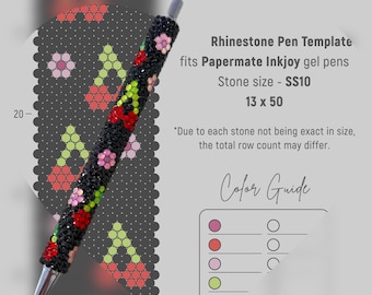 May include: A rhinestone pen template with a black pen covered in rhinestones in a cherry and flower design. The template is for Papermate Inkjoy gel pens and uses SS10 size rhinestones. The template is 13 rows by 50 columns. A color guide shows the different colors of rhinestones used in the design.