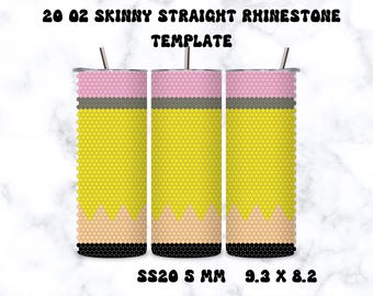 May include: A template for a 20 ounce skinny straight rhinestone tumbler. The tumbler is decorated with a yellow, black, and pink pattern that resembles a pencil. The text "SS20 5 MM 9.3 X 8.2" is printed below the tumbler.