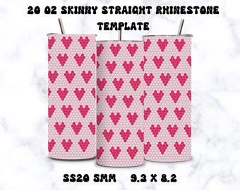 May include: Three 20 ounce skinny straight stainless steel tumblers with a pink and red heart pattern. The tumblers are 9.3 inches by 8.2 inches.  SS20 SMM