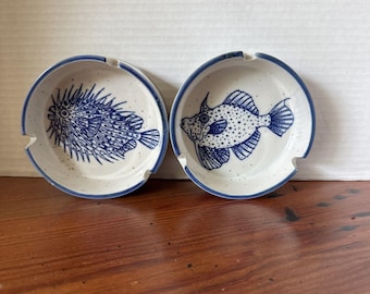 2 Hand Painted Studio Pottery Fish Ashtrays/Trinket Dishes Blue & White Decor