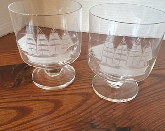 2 Toscany Romania Clipper Ship Etched Crystal Barrel Footed Whiskey Glasses