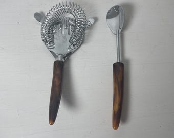 MCM Parker Gaines Stainless Cocktail Strainer & Spoon w/ Marbled Bakelite Handle