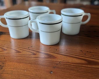 4 Vintage Pyrex Milk Glass Mugs: Green Stripe Restaurant Ware