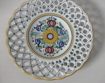 Modra Decorative Plate With  Reticulated Lattice Floral Yellow White Green vtg