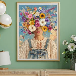 Woman flower head wall art | flower head print | abstract wall art | floral woman print | portrait wall art |  flower art | digital print