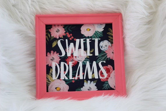 Sweet Dreams Pink Chalk Paint Floral Square Wood Framed 10x10 Wall Sign Blue White Glitter Baby Girl Nursery Bedroom Home Decor Hanging Gift