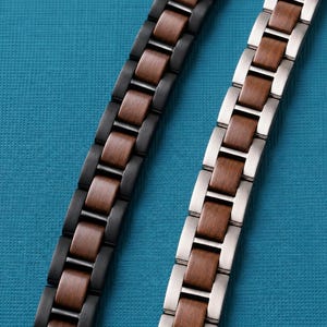 Men’s Link Bracelet, Walnut Wood and Stainless Steel, Adjustable, Silver or Black