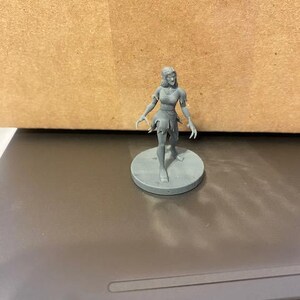 May include: A gray plastic miniature figurine of a female figure with long hair and a flowing dress. The figure is standing on a round base.