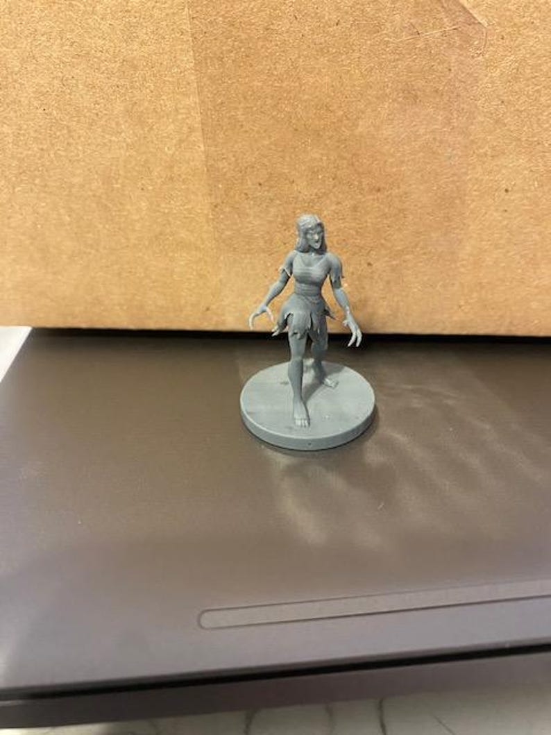May include: A gray plastic miniature figurine of a female figure with long hair and a flowing dress. The figure is standing on a round base.