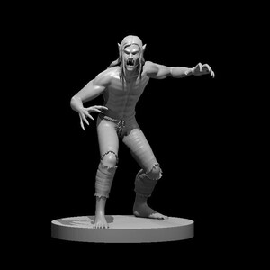 May include: A gray painted figurine of a werewolf with sharp teeth and claws, standing on a round base.