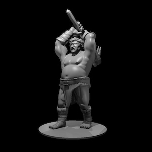 May include: A gray plastic miniature figurine of a large, muscular, bare-chested man with a sword raised above his head. He is wearing a loincloth and sandals. The figurine is standing on a round base.