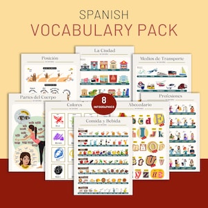 May include: A set of eight colourful Spanish vocabulary infographics. The infographics cover topics such as body parts, colours, food and drink, transport, the city, professions, and the alphabet.