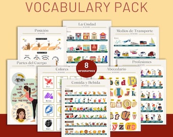 May include: A set of eight colorful Spanish vocabulary infographics. The infographics cover topics such as body parts, colors, food and drink, transportation, the city, professions, and the alphabet.