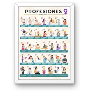 Puede incluir: Un gráfico colorido con ilustraciones de personas en diferentes profesiones. El gráfico se titula "Profesiones en Español" y enumera las palabras en español para varios trabajos, incluyendo "la abogada", "la actriz", "la astronauta", "la barrendera", "la bióloga", "la bombera", "la fontanera", "la fotografa", "la ingeniero", "la cajera", "la camarera", "la carnicera", "la carpintera", "la profesora", "la mecánica", "la panadera", "la cartera", "la científica", "la cocinera", "la dentista", "la periodista", "la pintora", "la policía", "la contable", "la piloto", "la programadora", "la peluquera", "la jueza", "la médica" y "la conductora".