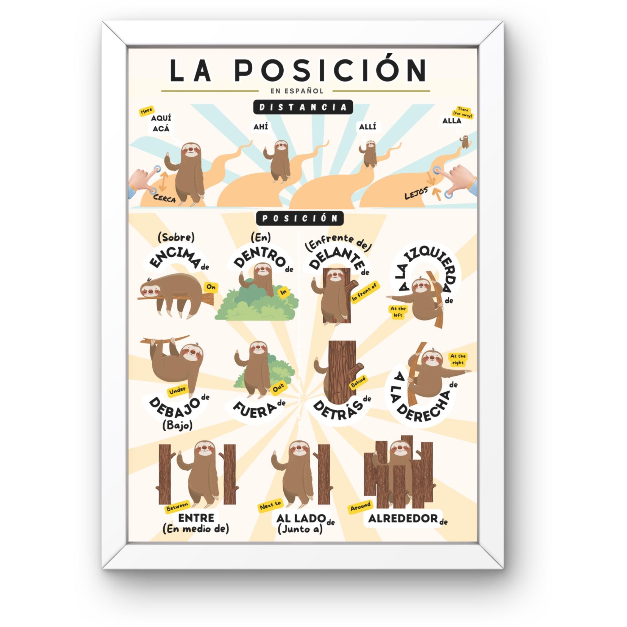 Spanish Prepositions Poster: Sloth Illustrations for Kids (digital