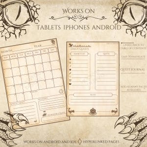 Può includere: Un planner digitale stampabile a tema drago. Il planner include un calendario mensile, un registro delle missioni giornaliere, una lista della spesa e un diario delle missioni. Il planner è progettato per funzionare su tablet, iPhone e dispositivi Android. Il testo "WORKS ON TABLETS IPHONES ANDROID" è nella parte superiore dell'immagine. Il testo "LINKED BACK TO TABLE OF CONTENTS" è nella parte superiore destra dell'immagine. Il testo "EASY TO NAVIGATE" è nella parte centrale destra dell'immagine. Il testo "QUEST JOURNAL" è nella parte inferiore destra dell'immagine. Il testo "ADD AS MANY PAGES AS NEEDED" è nella parte inferiore destra dell'immagine. Il testo "WORKS ON ANDROID AND IOS HYPERLINKED PAGES" è nella parte inferiore dell'immagine.