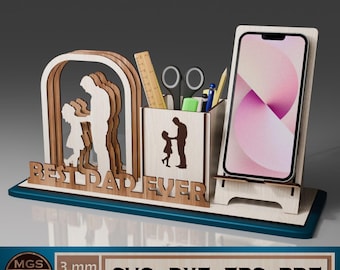 Laser Cut Father's Day Desk Organizer SVG File, Best Dad Ever Phone Stand Glowforge File, Laser Cut Father's Day Gift, Laser Cut Pen Holder