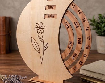 Laser Cut Rotating Perpetual Calendar SVG File, Floral Desktop Date Keeper