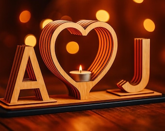 Laser Cut Heart with Initials Tea Light Holder, Monogrammed Love Decor