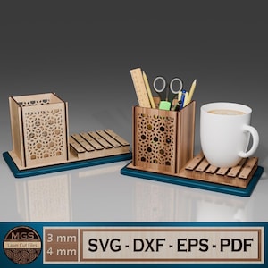 Porta-lápis cortado a laser com suporte para porta-copos, arquivo SVG, organizador de mesa multiuso, acessório de mesa criativo para corte a laser