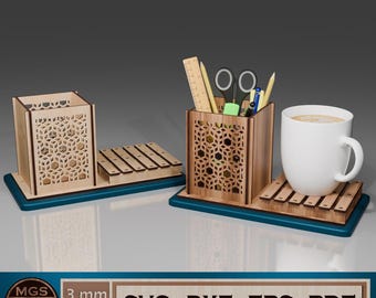 Laser Cut Pencil Holder with Coaster Holder SVG File, Multipurpose Desk Organizer, Creative Desk Accessory for Laser Cutting