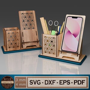 Estuche para lápices cortado con láser y soporte para teléfono, archivo SVG, plantilla digital para organizador de escritorio, diseño de accesorio de oficina multifuncional