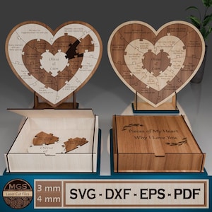 Lasergesneden verjaardag/verjaardagscadeau liefde puzzel SVG-bestand met geschenkdoos, waarom ik van je hou hart puzzel sjabloon voor lasersnijden