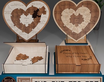 May include: A wooden heart-shaped puzzle with 14 pieces, each with a different reason why someone loves another. The puzzle is in a wooden box with the text "Pieces of My Heart Why I Love You". The puzzle is available in 3 mm and 4 mm thickness.