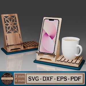 Laser geschnitten Telefon Stand mit Untersetzer Halter SVG-Datei, Smartphone Halter Laser Cut Dateien, Untersetzer Halter Glowforfe Dateien, Schreibtisch Organizer Design