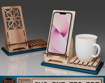 Laser Cut Phone Stand with Coaster Holder SVG File, Smartphone Holder Laser Cut Files, Coaster Holder Glowforfe Files, Desk Organizer Design
