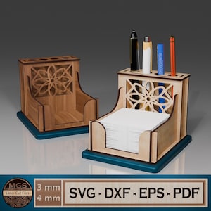 Laser Cut Pen Holder with Sticky Note SVG File, Pen Holder with Note Holder Laser SVG File, Desk Organizer Notepad Stand Glowforge Files