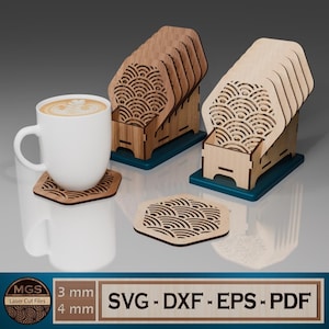 May include: Set of six wooden coasters with a geometric wave pattern, designed for use with a matching wooden stand. The coasters are 3 mm or 4 mm thick and are available in SVG, DXF, EPS, and PDF formats.