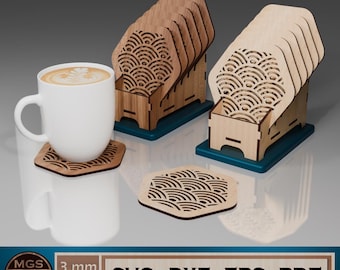 Laser Cut Hexagon Coaster SVG File with Vertical Stair-Style Holder, Modern Geometric Drink Coaster Set Template