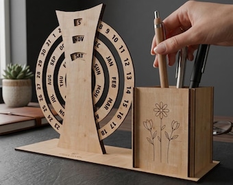 Laser Cut Perpetual Calendar with Pen Holder SVG File, Desk Organizer Wood Laser Files